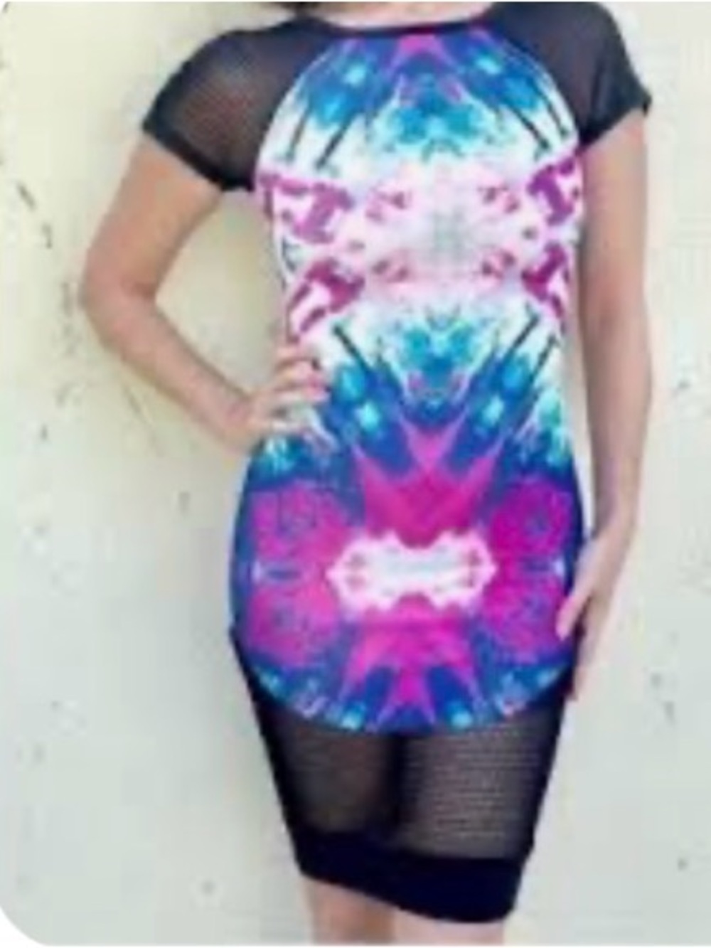 Rumor Boutique Mesh Bodycon Dress in Blue & Pink